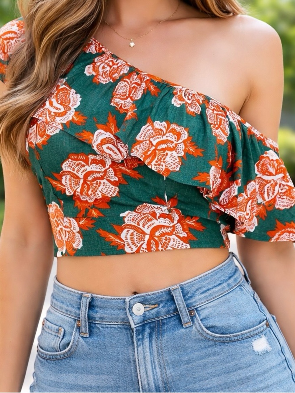 City Chic Green One-Shoulder Floral Crop Top